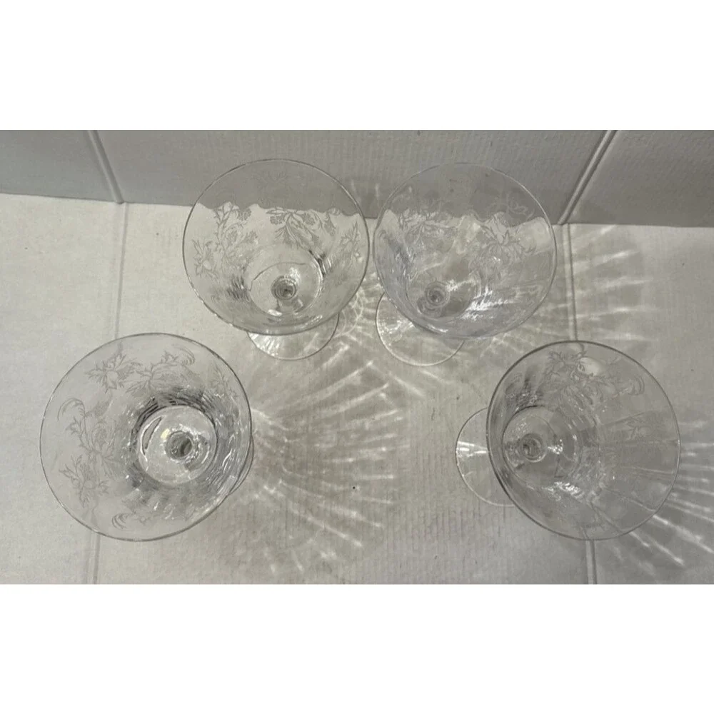 Fostoria Heather Crystal Etched Champagne Goblets Wine Glasses (Set of 4) 7.25